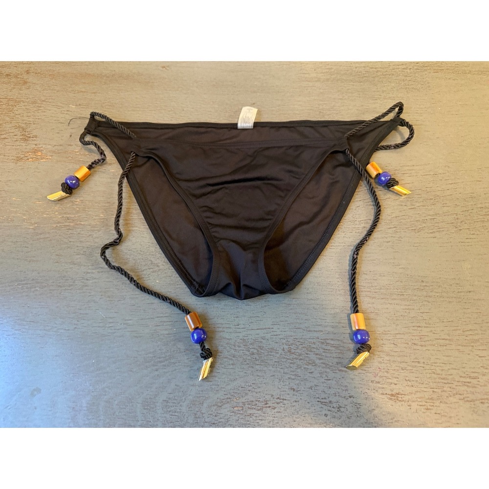 Victorias Secret Black Bikini Bottom Braided Rope Side Tie Beaded Medium 252441